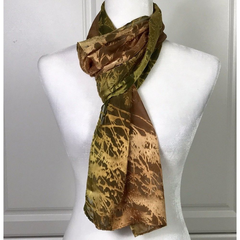 Womens Scarf Hair Tie Headband Green Orange Gold Botanical Print Rectangular